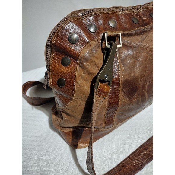 Vintage Lisandro Sarasota Large 2-Tone Brown Leather Engraved Double Handle Bag - Picture 5 of 16